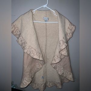 Womens Medium Tan Ruffled Emanuel Ungaro 100% Wool Cardigan Cheetah Print Accent